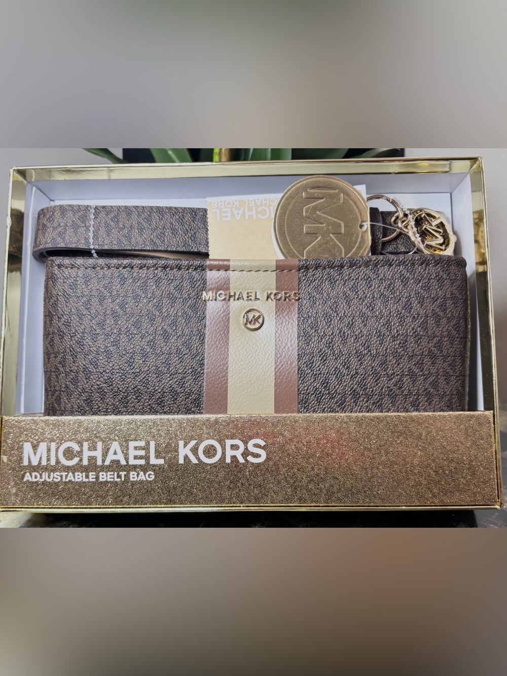 Michael Kors Brown Logo Belt Bag with Cream & Tan Center Stripe